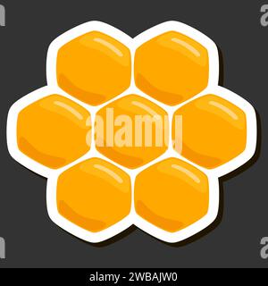 Illustration on theme for label of sugary flowing down honey in honeycomb with bee, label consisting from kit sticky honey at honeycomb off bee, honey Stock Vector