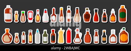 Illustration on theme kit varied glass bottles filled liquid sauce maple syrup, bottles consisting from sauce maple syrup, empty labels for titles, sa Stock Vector