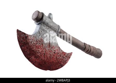 Medieval axe in red blood isolated on white background with clipping path Stock Photo