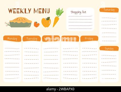 Daily shopping list in vector for every day meal menu. Food planner for healthy nutrition and diet Stock Vector