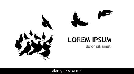 Flocks of flying pigeons isolated on white background. Pigeons are standing on the ground. hand drawing. Not AI, Vector illustration Stock Vector