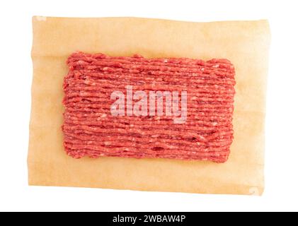 raw fresh minced meat on parchment paper isolated on white background with clipping path, raw beef mince top view, meat of pork or chicken ready to co Stock Photo