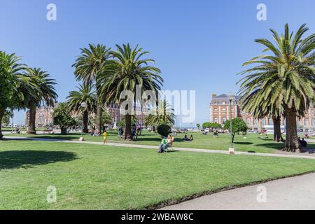 Mar del Plata, Argentina - December 30th, 2023: People resting in the Plaza Colon in Mar del Plata. Stock Photo