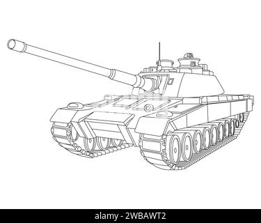 Main battle tank Coloring Page. Armored fighting vehicle. Special military transport. Detailed vector illustration isolated on white background. Stock Vector