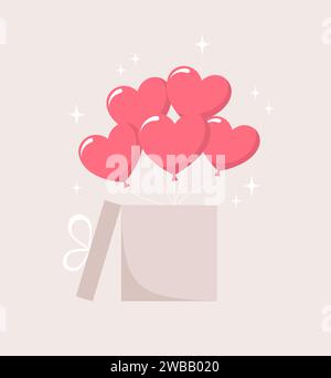Inflatable heart balloons flying out of an open gift box on a beige background. Vector illustration in flat style Stock Vector