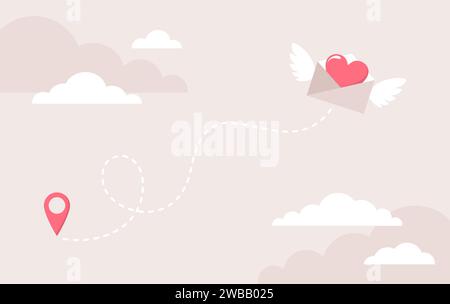 Winged envelope with heart inside, map pin and dashed route on cloud background. Sending a love letter. Flat vector illustration Stock Vector