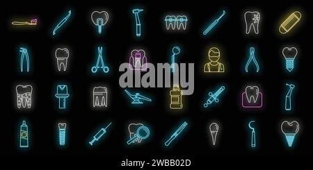 Tooth restoration clinic icons set. Outline set of tooth restoration clinic vector icons neon color on black Stock Vector