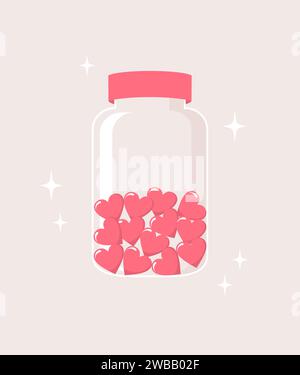 Glowing glass jar with pink hearts inside on beige background, flat vector illustration Stock Vector