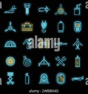 Industry aircraft repair icons set. Outline set of industry aircraft repair vector icons neon color on black Stock Vector