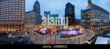 Detroit, Michigan - A Christmas tree and holiday lights in Campus Martius Park. Stock Photo