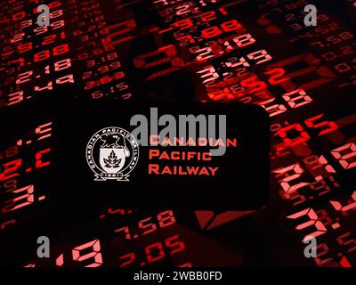 Konskie, Poland - January 07, 2024: Canadian Pacific Railway company logo displayed on mobile phone screen Stock Photo