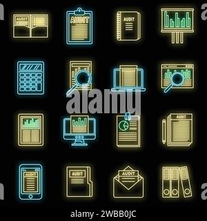 Audit system icons set. Outline set of audit system vector icons neon color on black Stock Vector