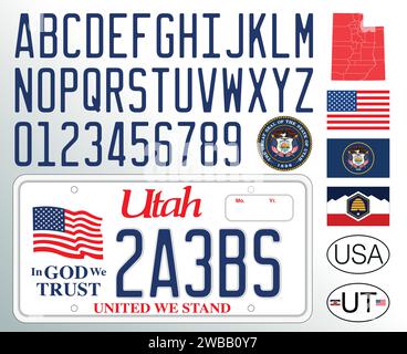 Utah car license plate pattern, letters, numbers and symbols, vector illustration, USA, United States of America Stock Vector