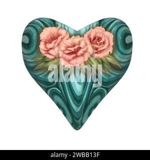 Watercolor heart with stone texture with eustoma flowers in a fashionable peach fuzz palette for Valentine's Day, horoscope, alchemy, magic, Halloween Stock Photo