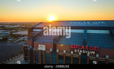 Aerial Golden Hour at Lucas Oil Stadium, Indianapolis Stock Photo