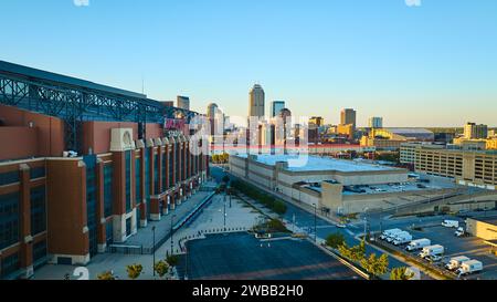 Aerial Golden Hour Cityscape with Lucas Oil Stadium, Indianapolis Stock Photo