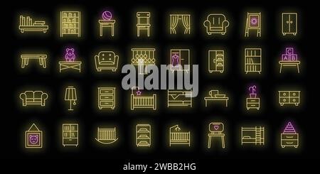 Children room icons set. Outline set of children room vector icons neon color on black Stock Vector