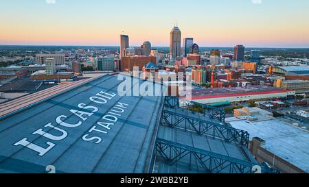 Aerial Golden Hour at Lucas Oil Stadium and Indianapolis Skyline Stock Photo