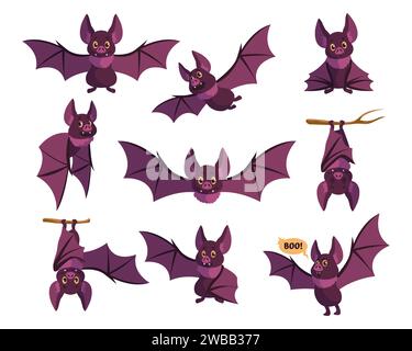 Cute bat. Cartoon funny animal character flying and hanging upside down on branches. Isolated purple kids vampire mascots standing. Night wild winged Stock Vector