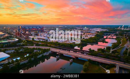 Aerial Golden Hour Sunset over Indianapolis Stadium and River Stock Photo