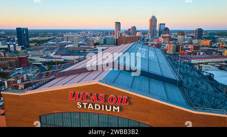 Aerial Golden Hour at Lucas Oil Stadium, Indianapolis Skyline Stock Photo