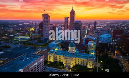 Aerial Twilight Cityscape with Historic Courthouse in Indianapolis Stock Photo