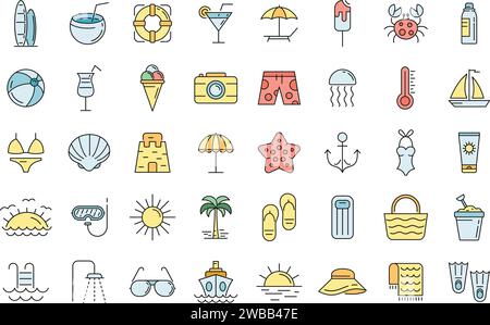 Beach icons set. Outline set of beach vector icons thin line color flat on white Stock Vector