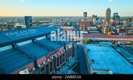 Aerial Golden Hour Over Lucas Oil Stadium and Indianapolis Cityscape Stock Photo