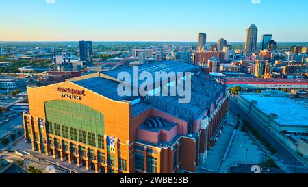 Aerial Golden Hour View of Lucas Oil Stadium and Indianapolis Cityscape Stock Photo