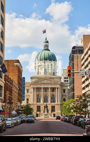 Downtown Indianapolis Courthouse with American Flag, Street View Stock Photo