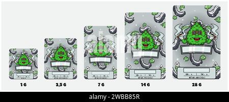 Skunk Strains and Weed Bud With Smoking Mascot Cartoon. Product Packaging Cover Set With 1G, 3,5G , 7G, 14G and 28G. Scalable Size Without Losing the Stock Vector