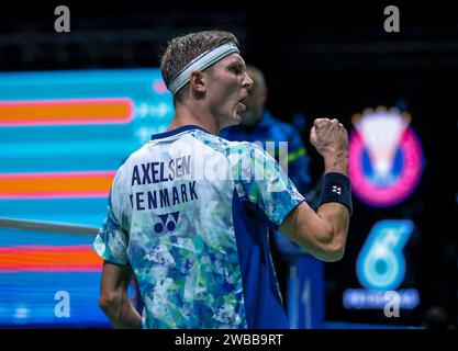 Kuala Lumpur, Malaysia. 09th Jan, 2024. Viktor Axelsen of Denmark celebrates after victory against Loh Kean Yew ( not pictured) of Singapore in the Men's Single Round 32 match of the Petronas Malaysia Open 2024 at Axiata Arena. Viktor Axelsen won with scores; 21/21 : 13/15. Credit: SOPA Images Limited/Alamy Live News Stock Photo