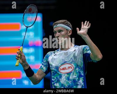 Kuala Lumpur, Malaysia. 09th Jan, 2024. Viktor Axelsen of Denmark celebrates after victory against Loh Kean Yew ( not pictured) of Singapore in the Men's Single Round 32 match of the Petronas Malaysia Open 2024 at Axiata Arena. Viktor Axelsen won with scores; 21/21 : 13/15. (Photo by Wong Fok Loy/SOPA Images/Sipa USA) Credit: Sipa USA/Alamy Live News Stock Photo