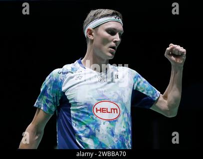 Kuala Lumpur, Malaysia. 09th Jan, 2024. Viktor Axelsen of Denmark celebrates after victory against Loh Kean Yew ( not pictured) of Singapore in the Men's Single Round 32 match of the Petronas Malaysia Open 2024 at Axiata Arena. Viktor Axelsen won with scores; 21/21 : 13/15. (Photo by Wong Fok Loy/SOPA Images/Sipa USA) Credit: Sipa USA/Alamy Live News Stock Photo