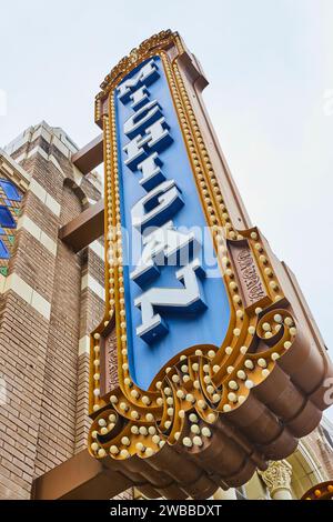 Vintage Theater Marquee with Retro Details, Low Angle View Stock Photo