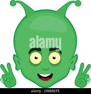 vector green alien et head cartoon hand gesture love and peace Stock Vector