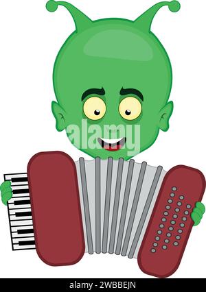 vector green alien et head cartoon playing accordion Stock Vector
