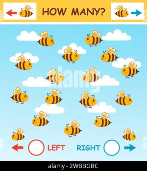 How many honey bees fly left, right direction, math children education puzzle game. Mathematics counting honeybee. Kids learning logical task. Vector Stock Vector