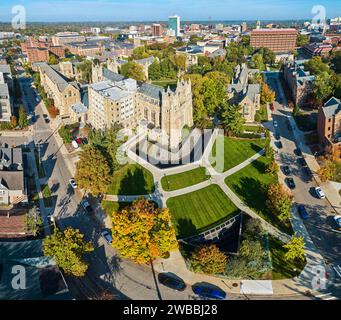 Aerial Fall View of University of Michigan Campus with Gothic Building Stock Photo