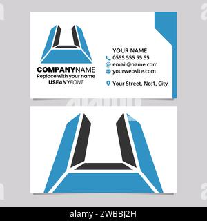 Blue and Black Business Card Template with 3d Letter U Logo Icon Over a Light Grey Background Stock Vector