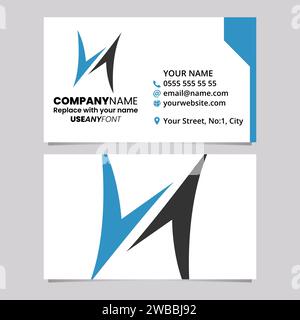 Blue and Black Business Card Template with Arrow Shaped Letter H Logo Icon Over a Light Grey Background Stock Vector