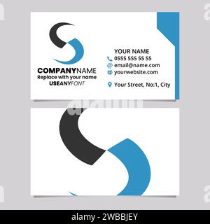 Blue and Black Business Card Template with Blade Shaped Letter S Logo Icon Over a Light Grey Background Stock Vector