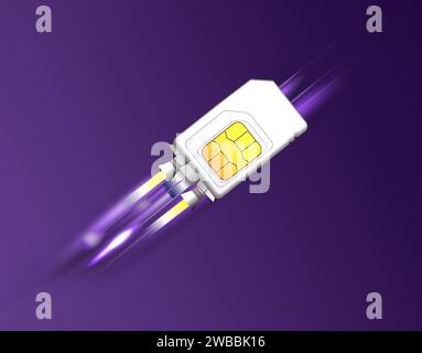 Fast internet connection. SIM card flying out of smartphone on white ...