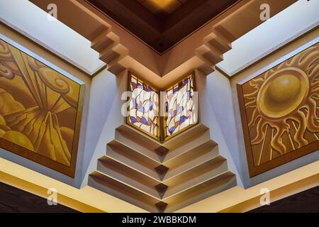 Modern Stained Glass and Art Panels in Luxury Interior, Upward View Stock Photo