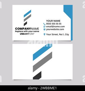 Blue and Black Business Card Template with Diagonal Striped Letter F Logo Icon Over a Light Grey Background Stock Vector