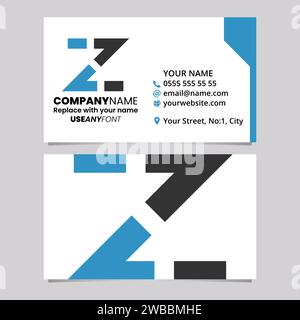 Blue and Black Business Card Template with Dotted Line Shaped Letter Z Logo Icon Over a Light Grey Background Stock Vector