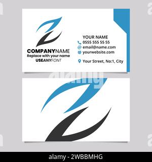 Blue and Black Business Card Template with Fire Shaped Letter Z Logo Icon Over a Light Grey Background Stock Vector