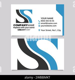 Blue and Black Business Card Template with Fish Fin Shaped Letter S Logo Icon Over a Light Grey Background Stock Vector