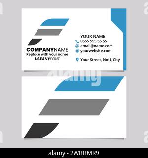 Blue and Black Business Card Template with Horizontal Striped Letter F Logo Icon Over a Light Grey Background Stock Vector
