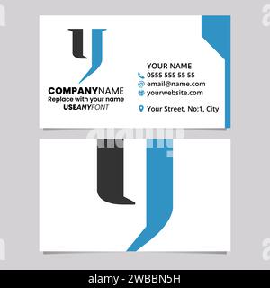 Blue and Black Business Card Template with Lowercase Letter Y Logo Icon Over a Light Grey Background Stock Vector